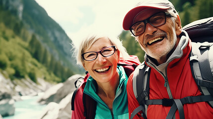 Elderly couple enjoying mountain climbing