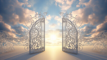 gates and light are hanging above clouds, in the style of made of wrought iron, bright backgrounds