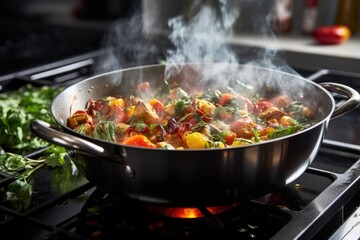 ratatouille with steam coming off on a stovetop