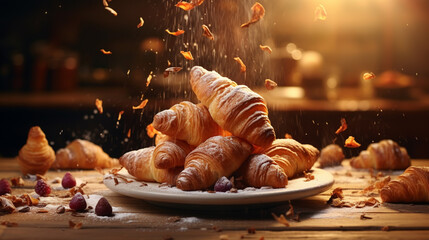 A bunch of croissant on table setting. Sprinkle a little icing sugar on top of it with bokeh...