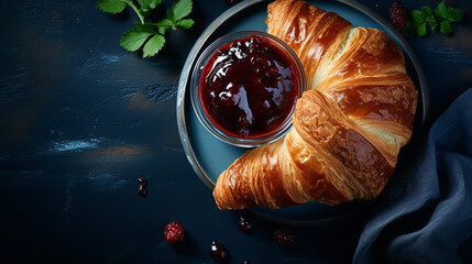 French croissant. Freshly baked croissants with jam on dark stone background with coffe. Tasty croissants with copy space. - obrazy, fototapety, plakaty