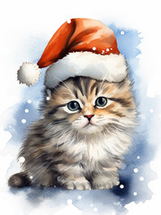 Cute kitten wearing Christmas hat. Watercolor illustrationin retro style. Christmas design.