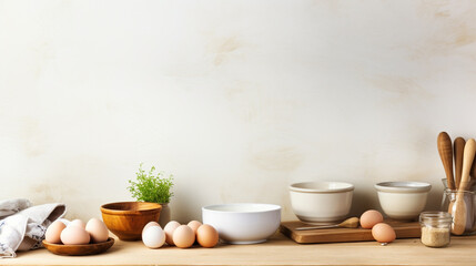 Baking ingredients placed on wooden table, pizza dough. Concept of food preparation. White kitchen on background