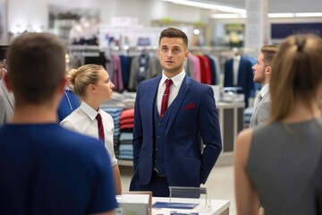 attendant dealing with impatient customers in store - obrazy, fototapety, plakaty