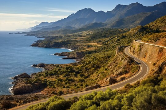 Scenic road in Corsican landscape. Generative AI