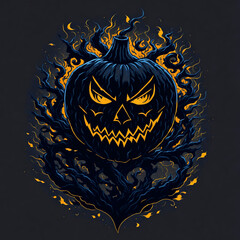 Illustration of a Halloween Holiday Theme with Scary Pumpkin and Autumn Leaves on Dark Background. Spooky Season Design for Greeting Card, Flyer, Banner, Poster or Party Invitation.