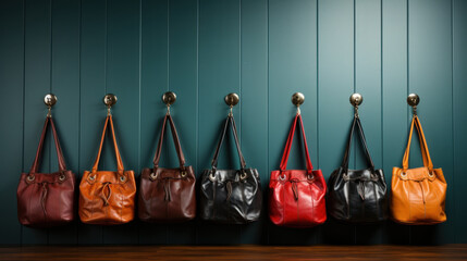 Row of leather handbags hanging on the wall. - obrazy, fototapety, plakaty