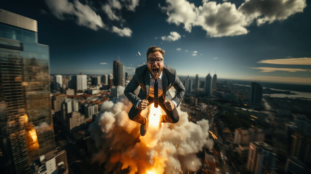 Top view of businessman flying on rocket with cityscape in the background.