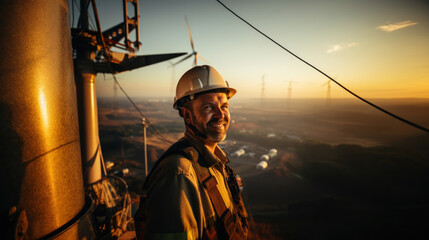 Portrait of a male engineer in a hard hat helmet on a background of wind turbines.