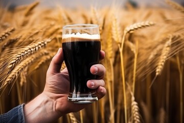 hand holding stout beer glass against a background of barley - obrazy, fototapety, plakaty