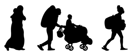Group of walking migrants. Full-length silhouettes of men and women.Vector illustration.