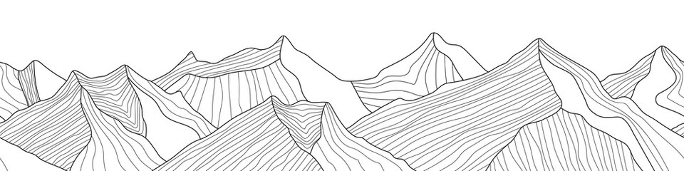 Black and white mountain line arts wallpaper, seamless border, imitation of mountain ranges, vector background, minimalism	