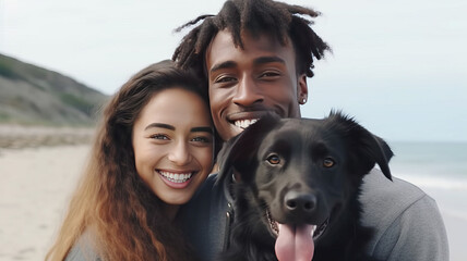 Portrait, happy and smile with a man, woman and pet golden retriever outdoor.generative ai