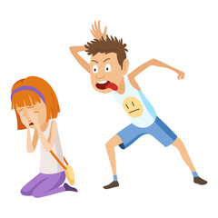 Kids bullying. Childish bullies or verbal and physical conflict between children. Bad child behavior, scared and strong angry children conflict, cartoon characters confrontation