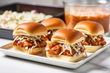 bbq shrimp sliders tray with a side of coleslaw