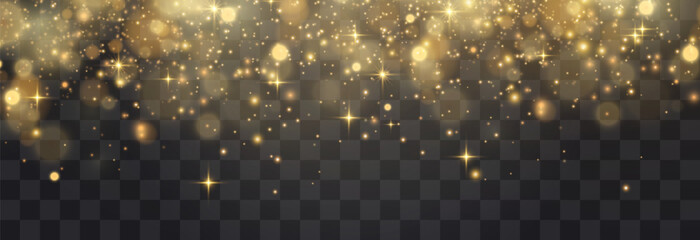 Bokeh lights effect isolated on png background. Soft blured bokeh and dusty shine lights. Festive golden luminous background. Vector Christmas concept isolated on transparent background © Leonid
