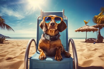 dog in sunglasses with a chair on the beach