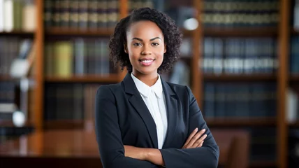 Foto op Canvas Portrait, lawyer and young black woman smile and happy standing against bookshelf. African attorney, technology and face of professional, female advocate and legal advisor in law firm.  © BlazingDesigns