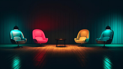 four different colored chairs and some lights, in the style of circular shapes.generative ai