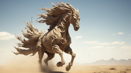 Mythical horse sculpture made from brown bronze clay depicting a legendary stallion that runs in a desert only when a huge sand storm appears. 
