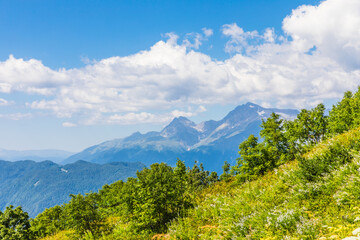 Summer mountain landscape at Krasnaya Polyana mountain resort, Sochi, Russia