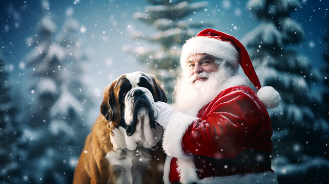 A cute large St. Bernard dog and Santa Claus in the winter pine forest. Snow is falling from the sky. Christmas, winter landscape. Image for Christmas holidays.