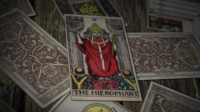 Paris, France - April 25, 2011. Ritual Calls Spiritual Signs The Hierophant Tarot Card. Ritual Spiritual Signs Depicting Pope On Throne. Future Forecasting Ritual. Spiritual Signs Of Wisdom