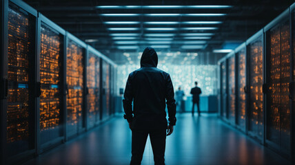 Back view of man standing in server room with data center - obrazy, fototapety, plakaty