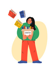 Book donation. Woman and holding donation box full of books. 