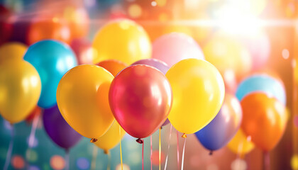 A cluster of colorful birthday balloons floats in the air.generative ai