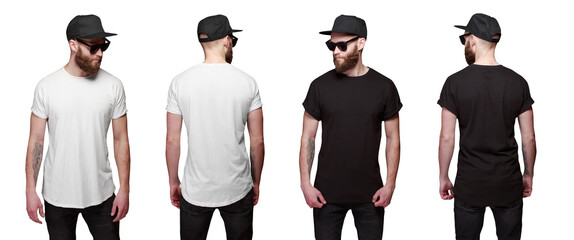 T-shirt on a man for mock up. White and black color of T-shirt. Front and back view over transparent background