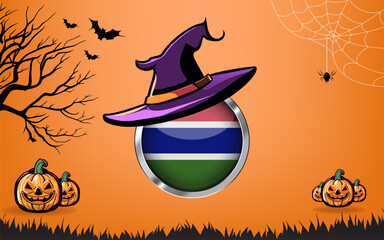 gambia round flag with Happy Halloween banner or party invitation background. bats, spiders and pumpkins, orange background