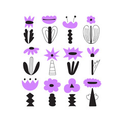 Set of abstract flowers. Hand drawn vector floral illustrations. Modern doodle, flower elements in groovy style. Collection flower illustrations for print, posters, social media posts, apparel, sticke