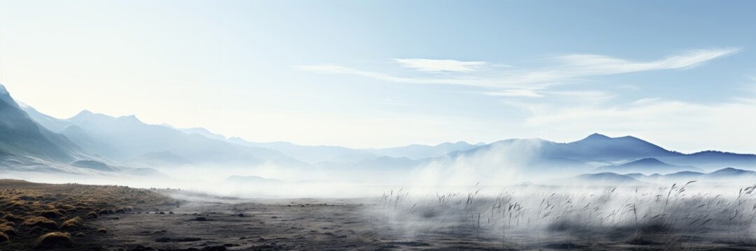 A wide-format background image for creative content, featuring distant mountains silhouetted against a misty field, under a clear sky, creating a panoramic vista. Photorealistic illustration