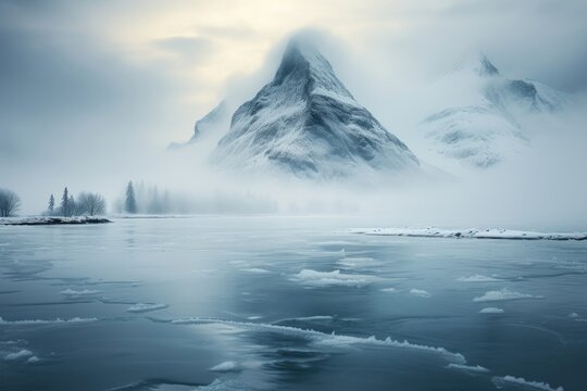 In this background landscape image, an icy lake stretching out before a misty mountain, creating a tranquil and wintry scene. Photorealistic illustration