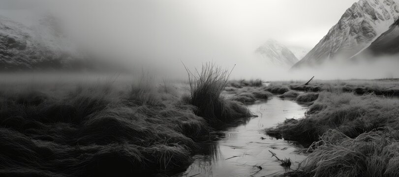 A wide format background image for creative content, in black and white, showcasing a closeup of a water stream with misty surroundings in the background. Photorealistic illustration