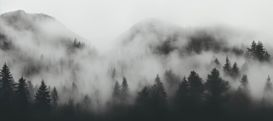 A wide-format, black and white background image, featuring a dense mist enveloping a tranquil forest against a white background, evoking a mysterious atmosphere. Photorealistic illustration