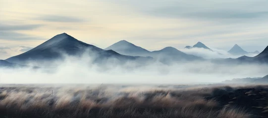Foto auf Alu-Dibond In this wide-format background image for creative content, a mist spreading over lush vegetation, with distant mountains under a cloudy sky. Photorealistic illustration © DIMENSIONS