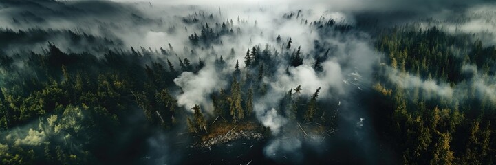 In a wide-format background image, the aerial view showcasing a forest landscape cloaked in dense morning mist, offering a captivating panoramic view. Photorealistic illustration