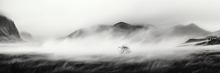 In a wide-format background image, the scene unfolding in black and white, with a thick mist blowing over the landscape, veiling the vegetation and shrouding the hills. Photorealistic illustration