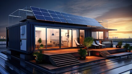 container modular and portable house with solar panels. self-sufficient and sustainable energy - obrazy, fototapety, plakaty