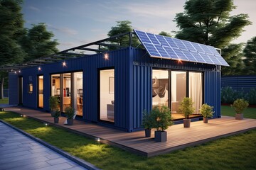 Obraz premium container modular and portable house with solar panels. self-sufficient and sustainable energy