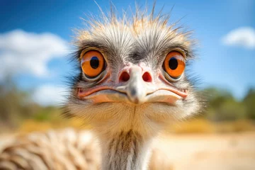 Keuken spatwand met foto Funny muzzle ostrich portrait against a blue sky © Michael