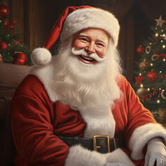 Portrait of happy Santa Clouse with gifts and christmas tree for Christmas design. New Year greeting.