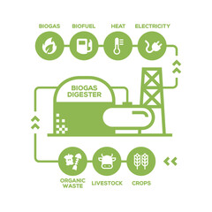 Simple Biogas Plant Diagram. Biogas production stages, renewable energy and green environment