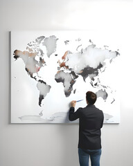 man drawing a map of the world in grey black drawn wall