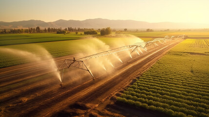 Fototapeta premium watering crop for more growth. Center pivot system irrigation. Watering crop in field at farm.generative ai