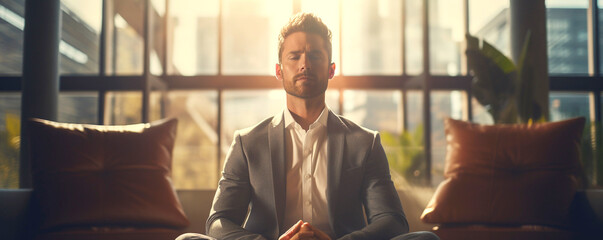 Businessman Man Cultivating a Positive Attitude in Business: Flow, Job Satisfaction, Confidence, and Zen-like Focus.