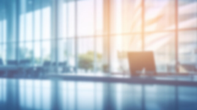 Fototapeta Beautiful blurred background of a modern office interior with panoramic windows, beautiful lighting.