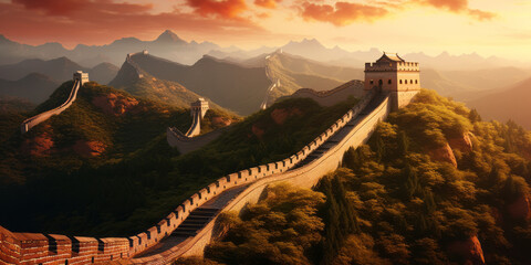 photograph of Great wall under sunshine during sunset wide angle lens realistic sunset lighting generative ai